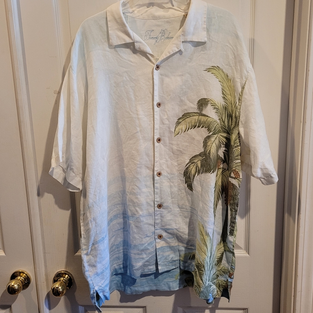 Tommy Bahama Linen Shirt Button Down Palm Tree  Aloha Beach Vacation Travel XL